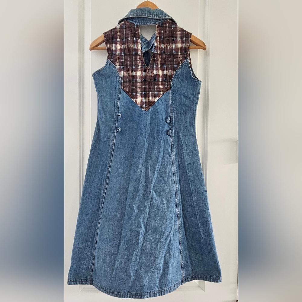 Boho Retro Western Cow Girl Denim Shirt Dress Button Front Plaid Accent Size S - Picture 4 of 13